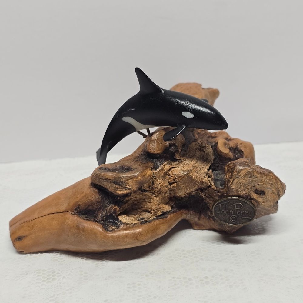 John Perry Black Orca Whale Sculpture Figurine Mounted on wood